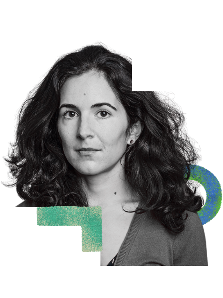 Black and white portrait of a woman with curly hair and a dark background, featuring abstract green and blue graphic elements.